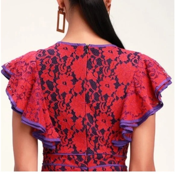 Lulu’s Purple and Red Lace Ruffle Mini Dress NWT - Picture 4 of 12
